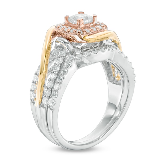 1 CT. T.w. Princess-Cut Diamond Square Frame Swirl Bridal Set in 10K Tri-Tone Gold