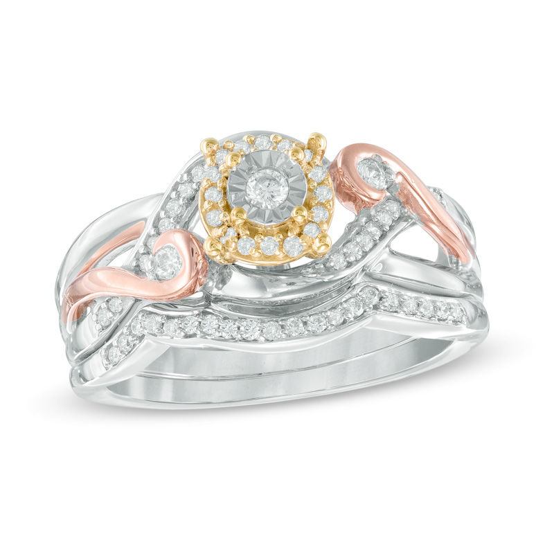 1/3 CT. T.W. Diamond Frame Swirl Bridal Set in Sterling Silver and 10K Two-Tone Gold