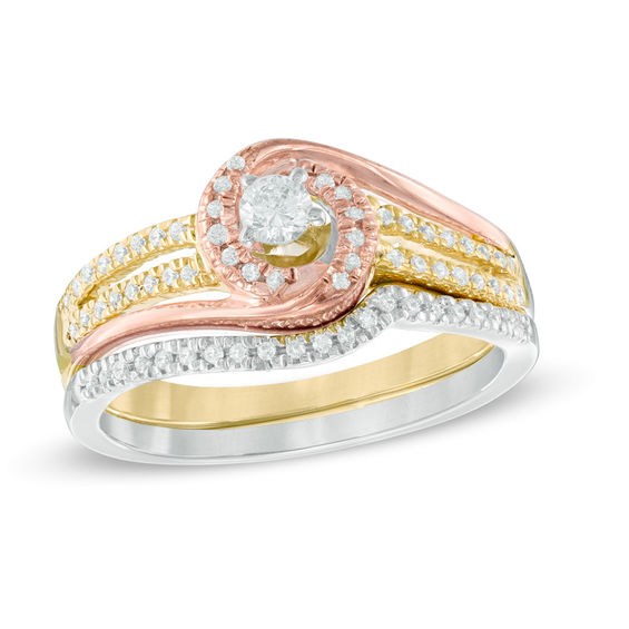 1 3 Ct T W Diamond Swirl Bridal Set In 10k Tri Tone Gold T W Diamond Swirl Bridal Set In 10k Tri Tone Gold