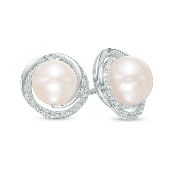 8.0mm Button Cultured Freshwater Pearl and Diamond Accent Swirl Frame Stud Earrings in Sterling Silver 8.0mm Button Cultured Freshwater Pearl and Diamond Accent Swirl Frame Stud Earrings in Sterling Silver