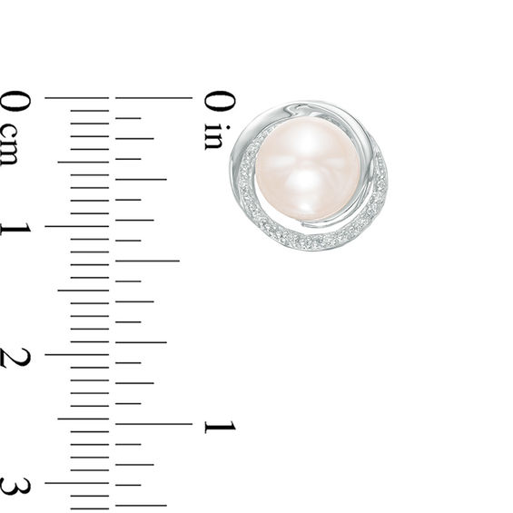 8.0mm Button Cultured Freshwater Pearl and Diamond Accent Swirl Frame Stud Earrings in Sterling Silver 8.0mm Button Cultured Freshwater Pearl and Diamond Accent Swirl Frame Stud Earrings in Sterling Silver