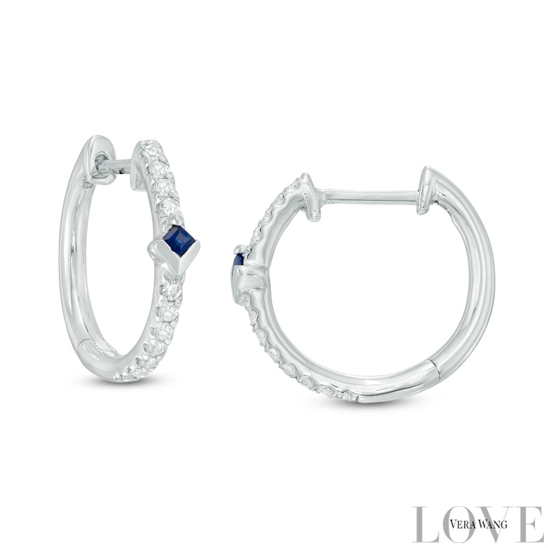 Main Image 1 of Vera Wang Love Collection 1/6 CT. T.W. Diamond and Blue Sapphire Hoop Earrings in 14K White Gold