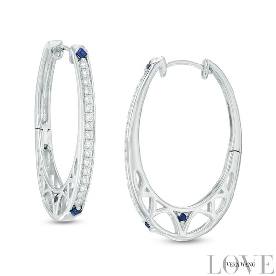 Vera Wang Love Collection 3/8 CT. T.w. Diamond and Blue Sapphire Hoop Earrings in Sterling Silver