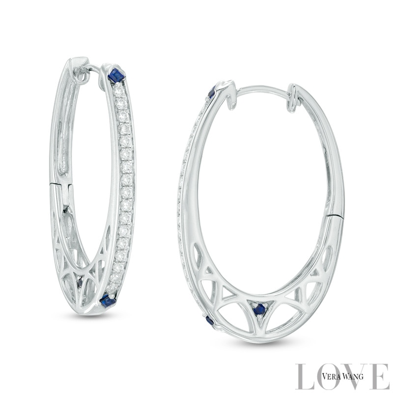 Main Image 1 of Vera Wang Love Collection 3/8 CT. T.W. Diamond and Blue Sapphire Hoop Earrings in Sterling Silver