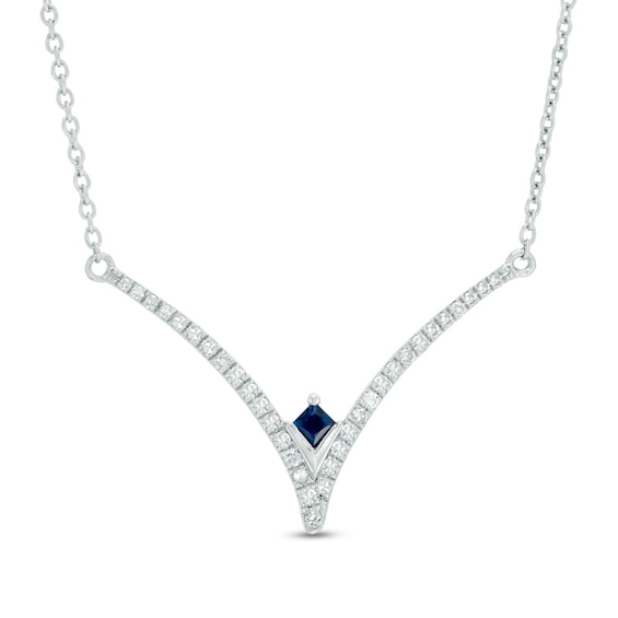 Vera Wang Love Collection 1/5 CT. T.w. Diamond and Blue Sapphire Chevron Necklace in Sterling Silver