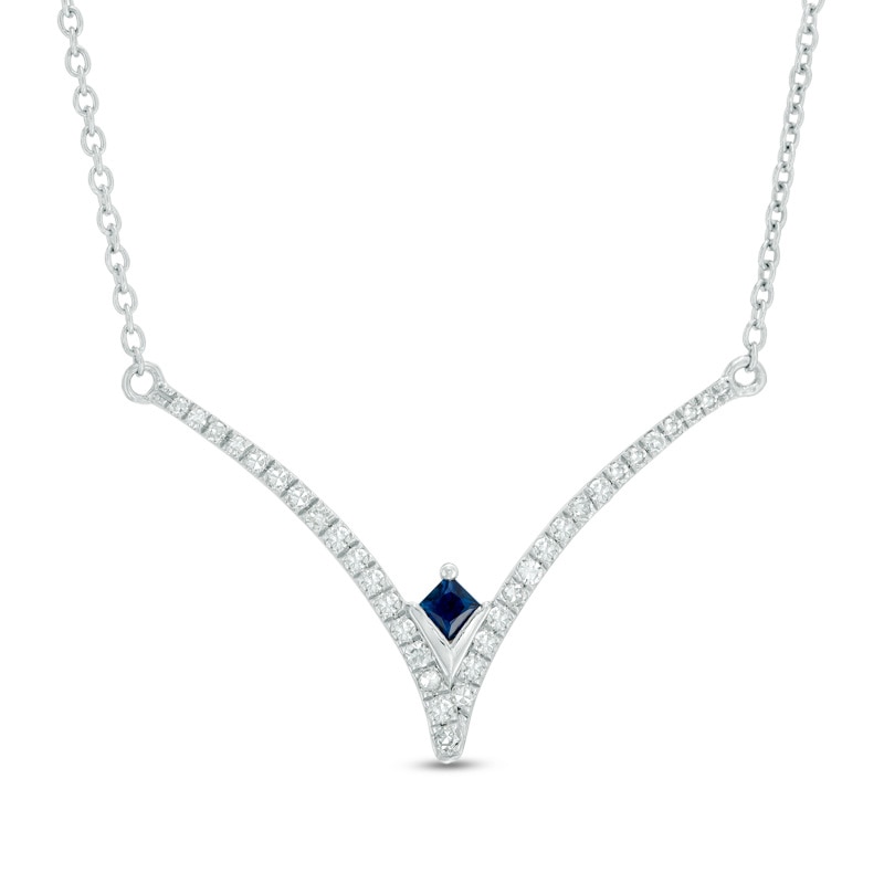 Main Image 1 of Vera Wang Love Collection 1/5 CT. T.W. Diamond and Blue Sapphire Chevron Necklace in Sterling Silver