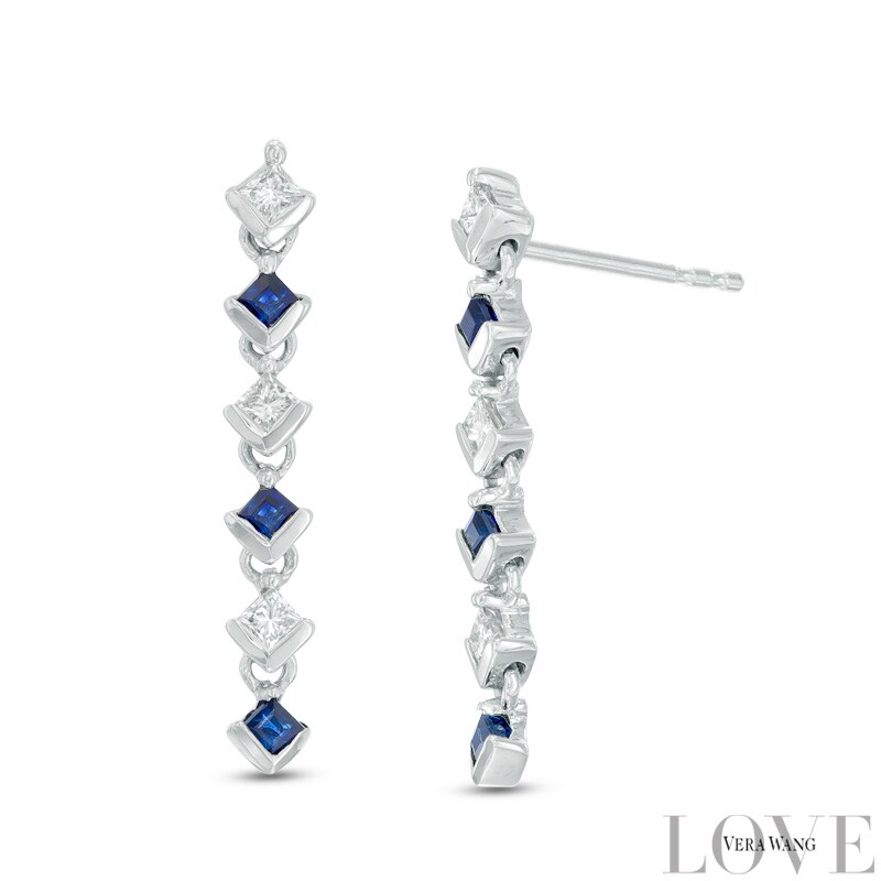 Main Image 1 of Vera Wang Love Collection 1/5 CT. T.W. Diamond and Blue Sapphire Linear Drop Earrings in 14K White Gold