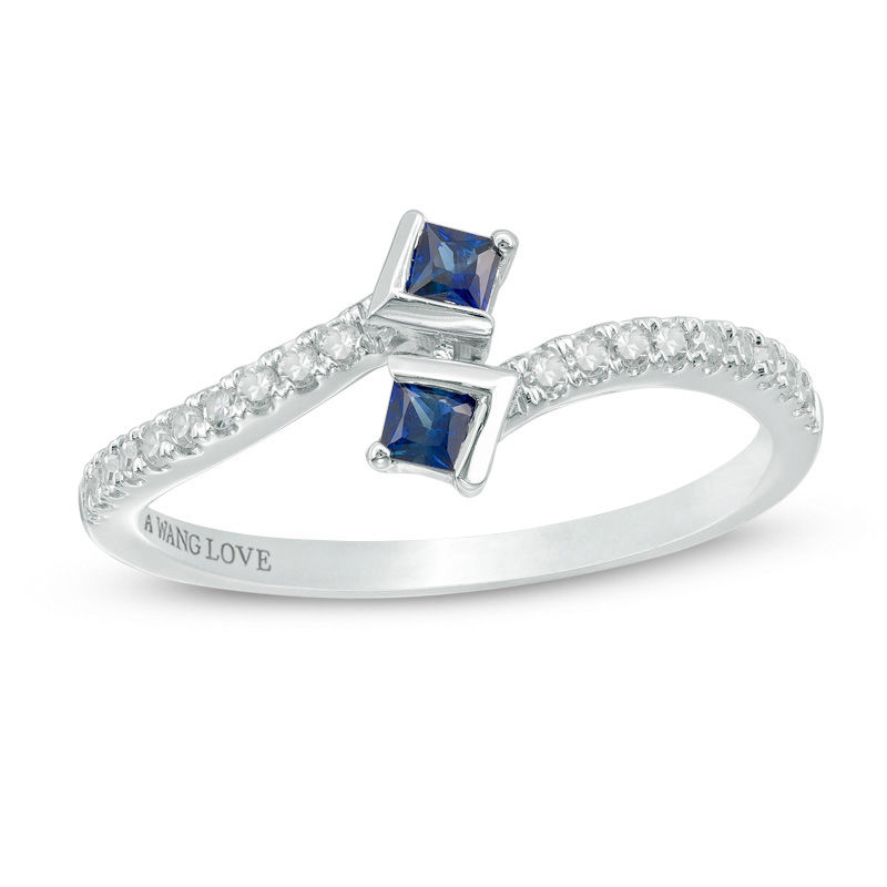 Main Image 1 of Vera Wang Love Collection 1/8 CT. T.W. Diamond and Blue Sapphire Bypass Ring in 14K White Gold