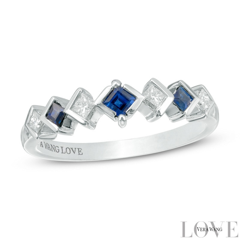 Main Image 1 of Vera Wang Love Collection 1/6 CT. T.W. Princess-Cut Diamond and Sapphire Band in 14K White Gold