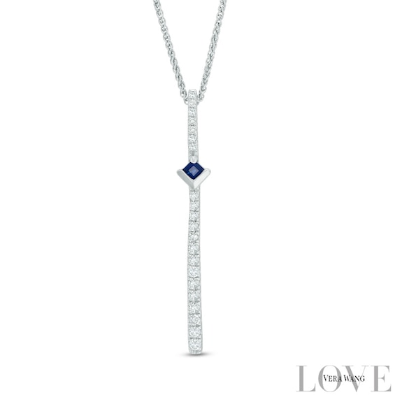 Vera Wang Love Collection 1/10 CT. T.w. Diamond and Blue Sapphire Linear Drop Pendant in 14K White Gold