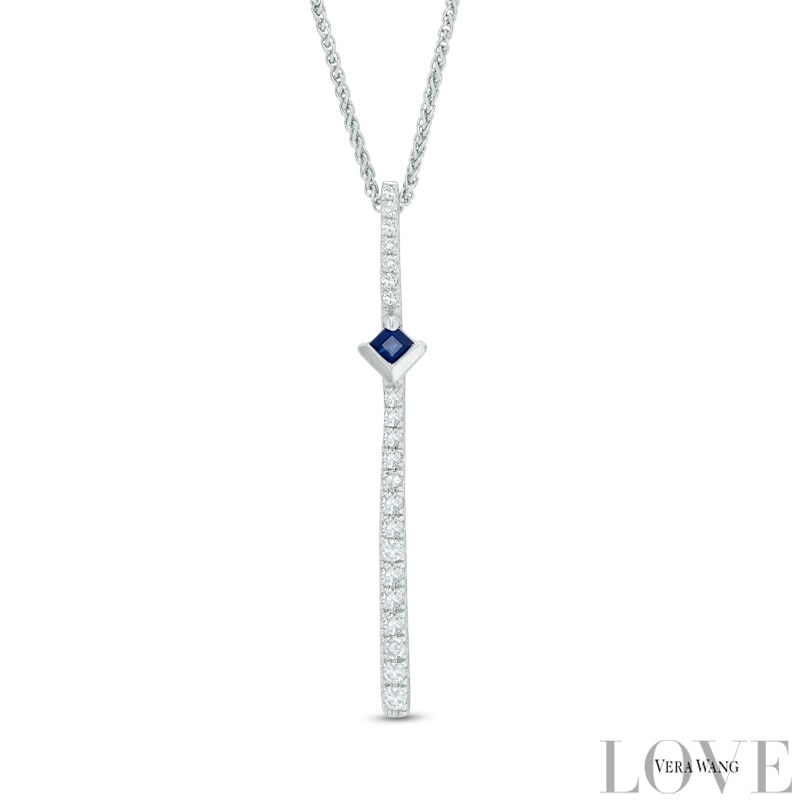 Main Image 1 of Vera Wang Love Collection 1/10 CT. T.W. Diamond and Blue Sapphire Linear Drop Pendant in 14K White Gold