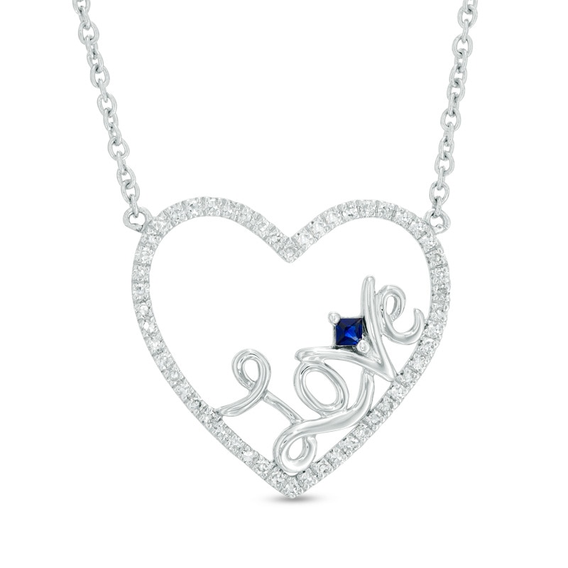 Vera Wang Love Collection 1/5 CT. T.W. Diamond and Blue Sapphire Heart "Love" Necklace in Sterling Silver