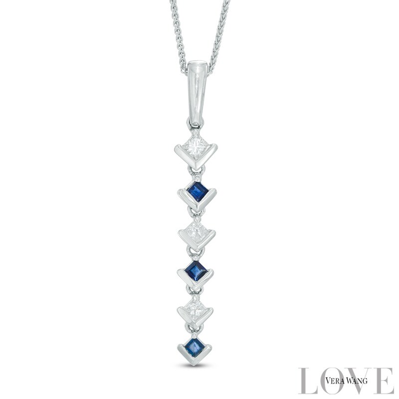 Main Image 1 of Vera Wang Love Collection 1/6 CT. T.W. Diamond and Blue Sapphire Alternating Drop Pendant in 14K White Gold