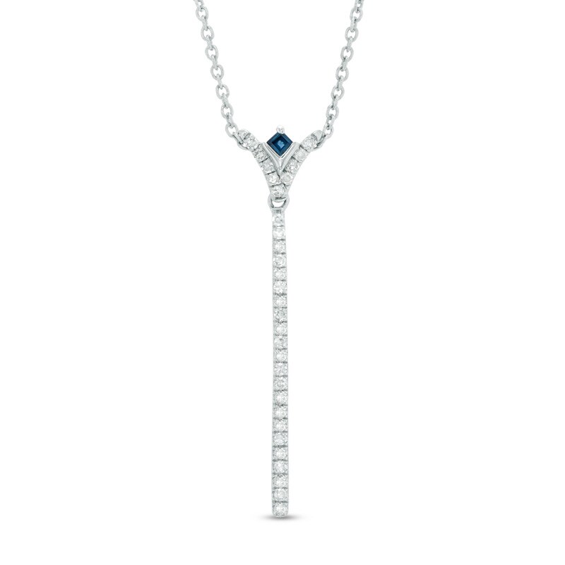 Main Image 1 of Vera Wang Love Collection 1/5 CT. T.W. Diamond and Blue Sapphire "V" Drop Necklace in Sterling Silver