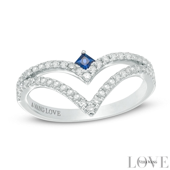 Vera Wang Love Collection 1/3 CT. T.w. Diamond and Blue Sapphire Split Shank Chevron Ring in 14K White Gold