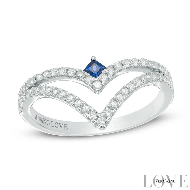 Main Image 1 of Vera Wang Love Collection 1/3 CT. T.W. Diamond and Blue Sapphire Split Shank Chevron Ring in 14K White Gold