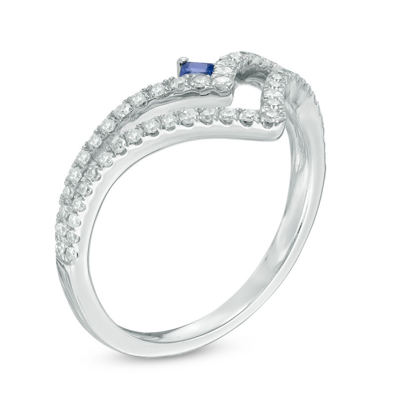 Vera Wang Love Collection 1/3 CT. T.W. Diamond and Blue Sapphire Split Shank Chevron Ring in 14K White Gold