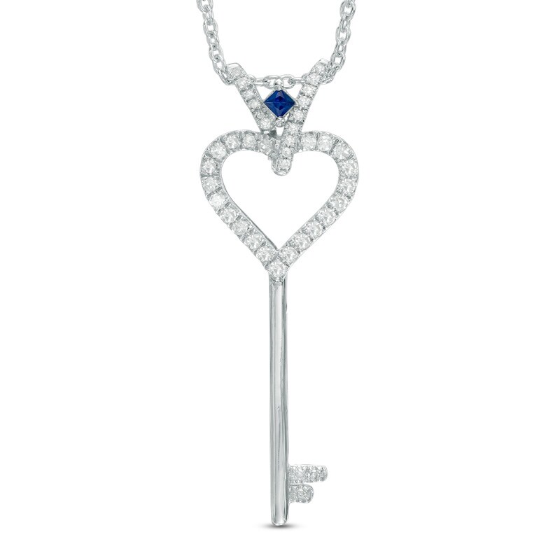 Main Image 1 of Vera Wang Love Collection 1/5 CT. T.W. Diamond and Blue Sapphire Heart Key Pendant in Sterling Silver