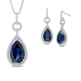 Pear-Shaped Lab-Created Blue Sapphire and 1/3 CT. T.W. Diamond Pendant and Earrings Set in Sterling Silver