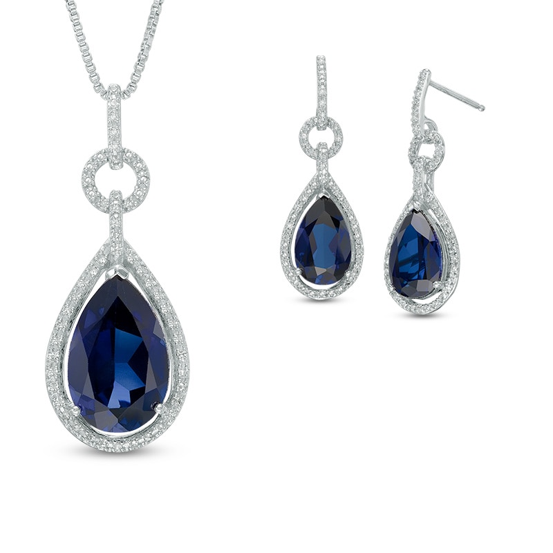 Main Image 1 of Pear-Shaped Lab-Created Blue Sapphire and 1/3 CT. T.W. Diamond Pendant and Earrings Set in Sterling Silver