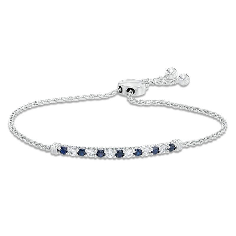 Lab-Created Blue and White Sapphire Line Bolo Bracelet in Sterling Silver - 8.5"