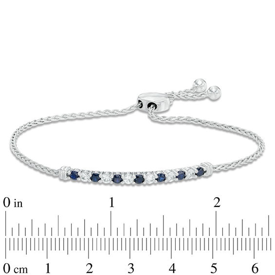 Lab-Created Blue and White Sapphire Line Bolo Bracelet in Sterling Silver - 8.5"