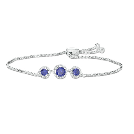Lab-Created Blue and White Sapphire Frame Three Stone Bolo Bracelet in Sterling Silver - 8.5"