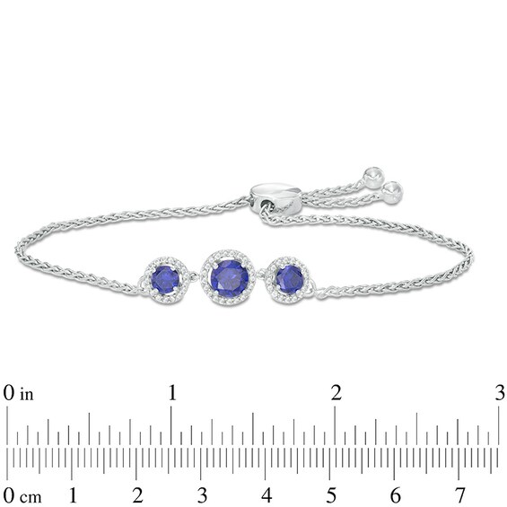 Lab-Created Blue and White Sapphire Frame Three Stone Bolo Bracelet in Sterling Silver - 8.5"
