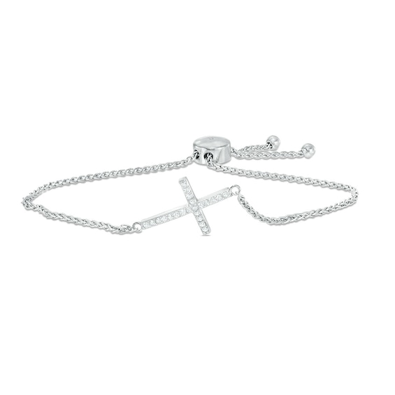 Lab-Created White Sapphire Sideways Cross Bolo Bracelet in Sterling Silver - 9.0"