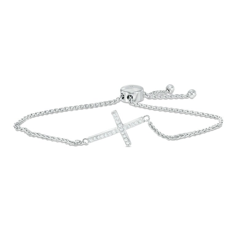 Lab-Created White Sapphire Sideways Cross Bolo Bracelet in Sterling Silver - 9.0"