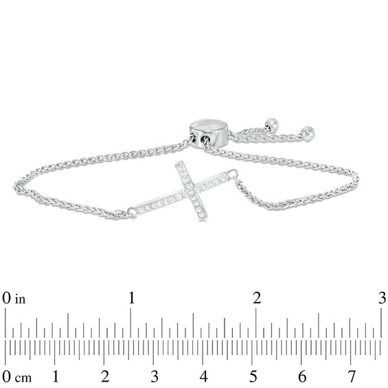 Lab-Created White Sapphire Sideways Cross Bolo Bracelet in Sterling Silver - 9.0"