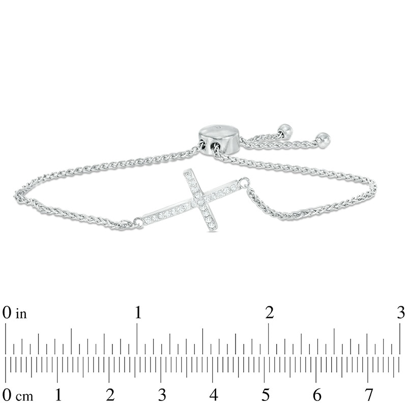 Lab-Created White Sapphire Sideways Cross Bolo Bracelet in Sterling Silver - 9.0"
