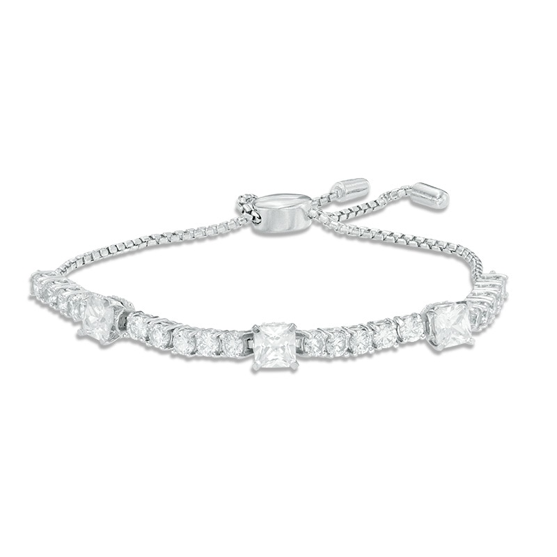 Main Image 1 of 5.0mm Princess-Cut Lab-Created White Sapphire Three Stone Bolo Bracelet in Sterling Silver - 9.0"