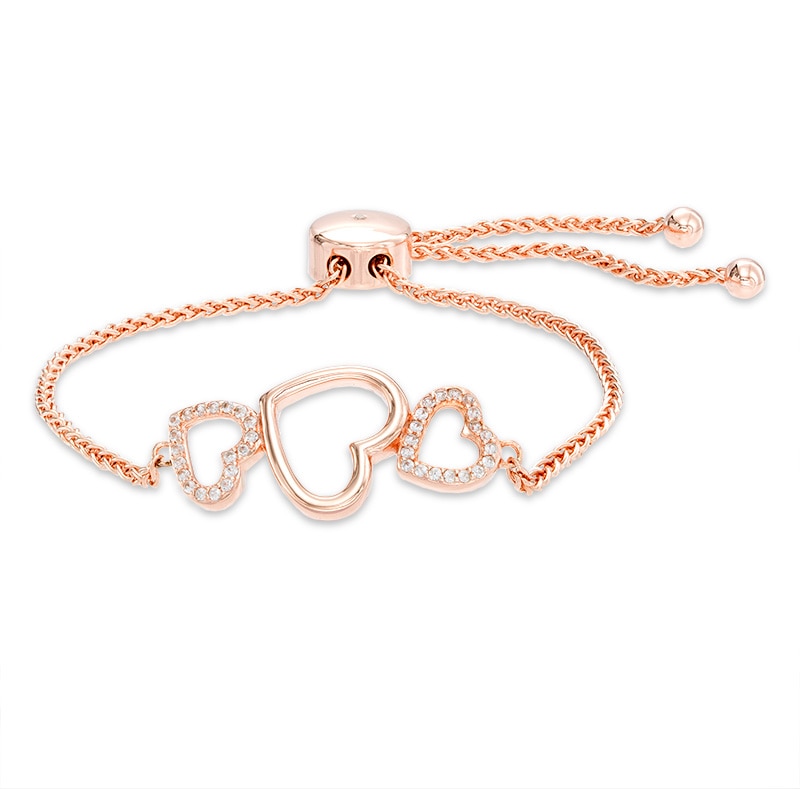 Lab-Created White Sapphire Triple Heart Bolo Bracelet in Sterling Silver with 18K Rose Gold Plate - 9.0"