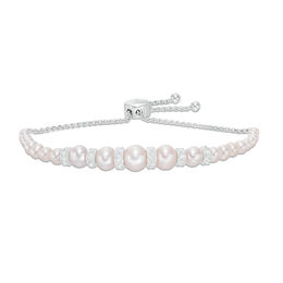 3.0 - 8.0mm Cultured Freshwater Pearl and Lab-Created White Sapphire Graduated Bolo Bracelet in Sterling Silver - 9.0&quot;