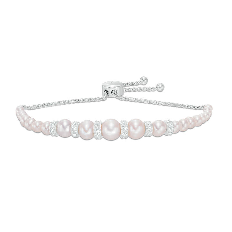 3.0 - 8.0mm Cultured Freshwater Pearl and Lab-Created White Sapphire Graduated Bolo Bracelet in Sterling Silver - 9.0"