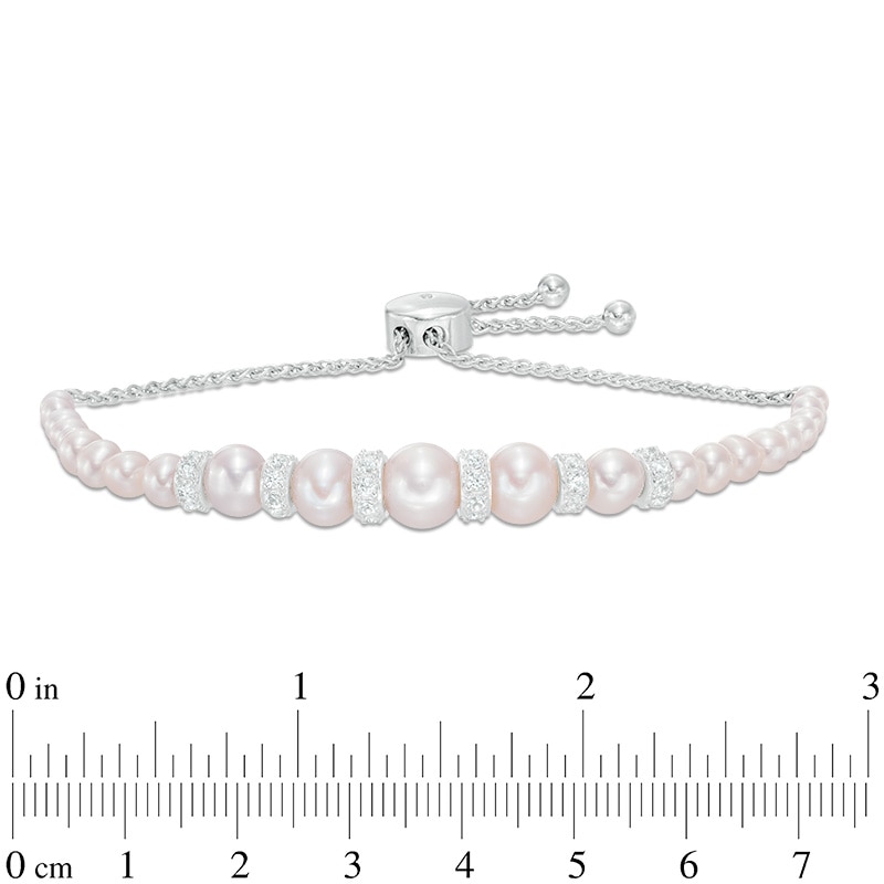 3.0 - 8.0mm Cultured Freshwater Pearl and Lab-Created White Sapphire Graduated Bolo Bracelet in Sterling Silver - 9.0"