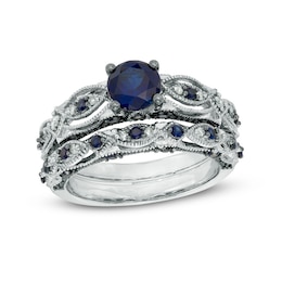 6.0mm Lab-Created Blue Sapphire and 1/10 CT. T.W. Diamond Vintage-Style Bridal Set in 10K White Gold