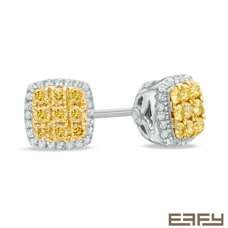 Thumbnail Image 1 of EFFY™ Collection 1/2 CT. T.W. Yellow and White Diamond Square Stud Earrings in 14K White Gold