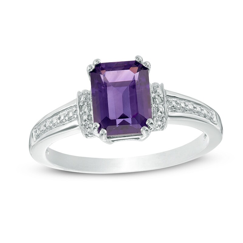 Main Image 1 of Emerald-Cut Amethyst and Diamond Accent Collar Ring in 10K White Gold