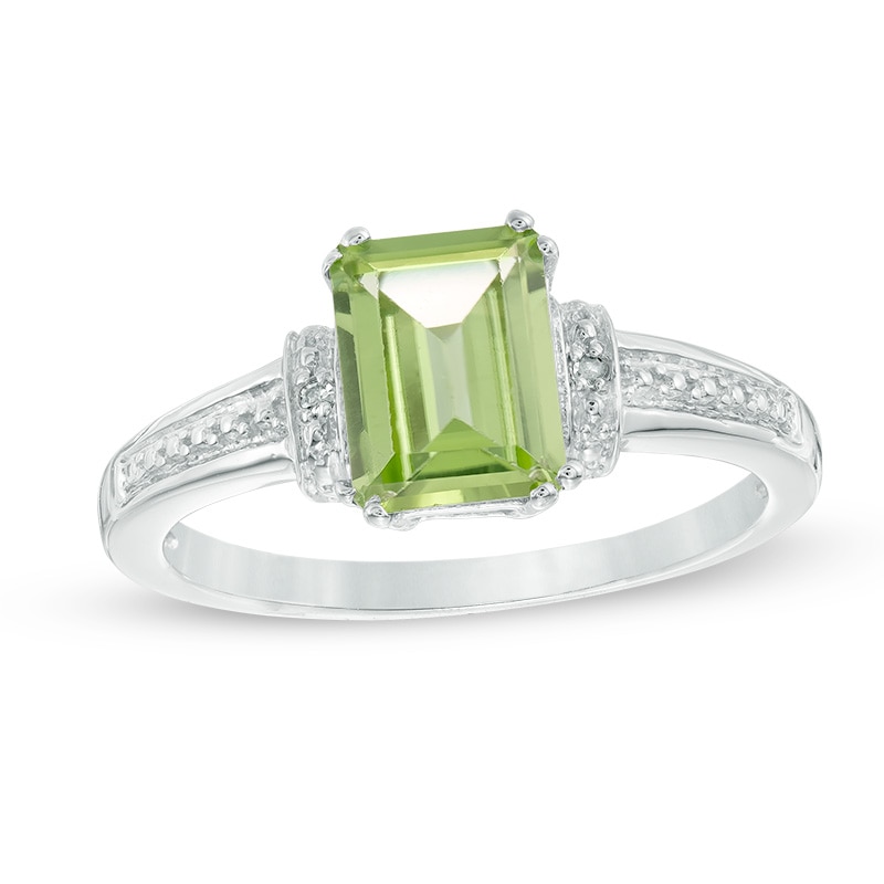 Main Image 1 of Emerald-Cut Peridot and Diamond Accent Collar Ring in 10K White Gold