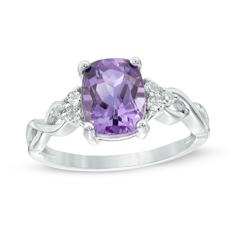 Main Image 1 of Cushion-Cut Amethyst and White Topaz Tri-Sides Ring in 10K White Gold