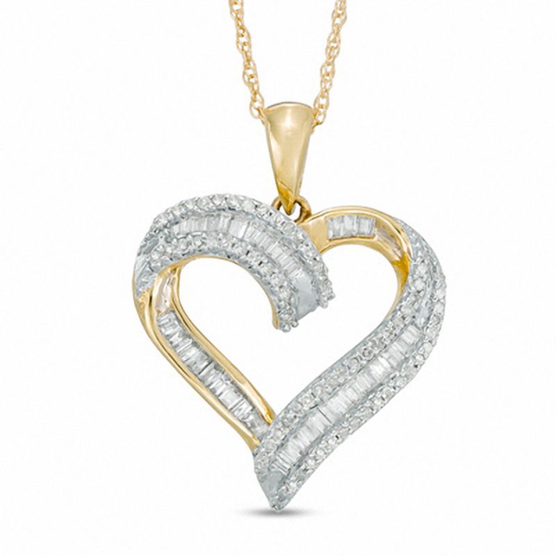 Diamond Heart Necklace 2 ct tw Round/Baguette 14K White Gold