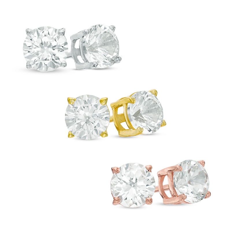 6.0mm Lab-Created White Sapphire Three Pair Stud Earrings Set in Sterling Silver and 14K Two-Tone Gold Plate