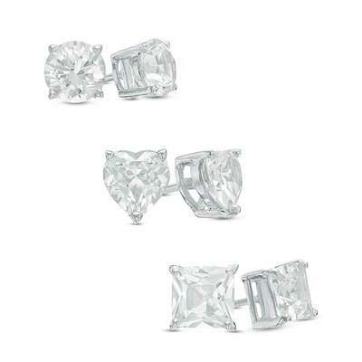 Green Set of 3-pair Sterling Silver 9-mm White Dark Green Ice Cubic Zirconia Stud Earrings 