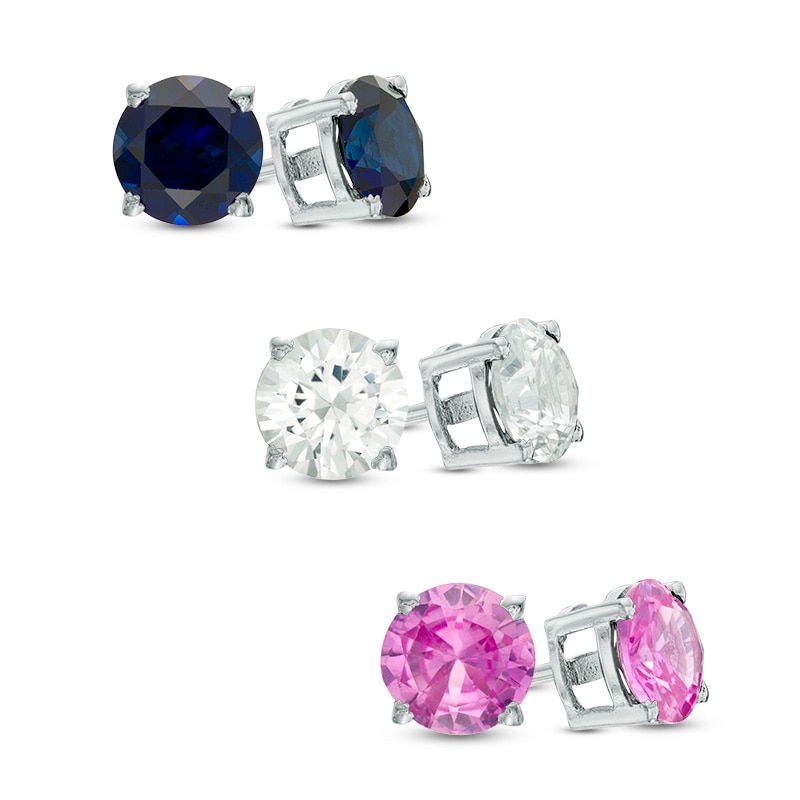 Main Image 1 of 6.0mm Lab-Created Multi-Color Sapphire Three Pair Stud Earrings Set in Sterling Silver