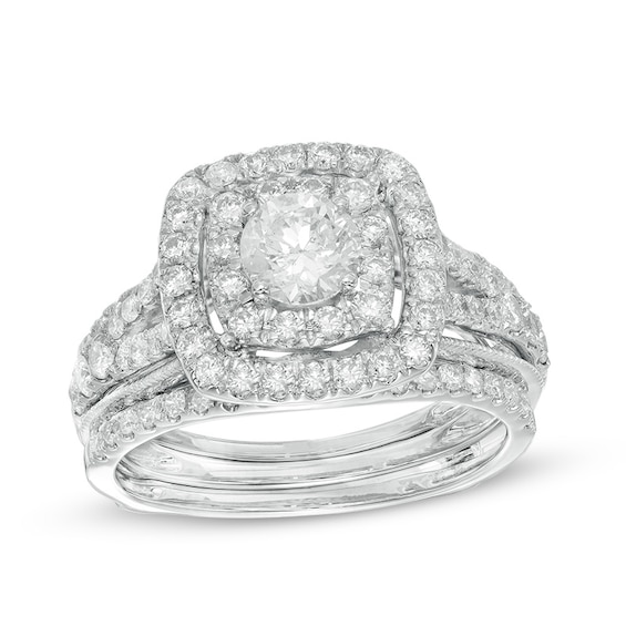 1-1/2 CT. T.w. Diamond Double Square Frame Split Shank Bridal Set in 14K White Gold