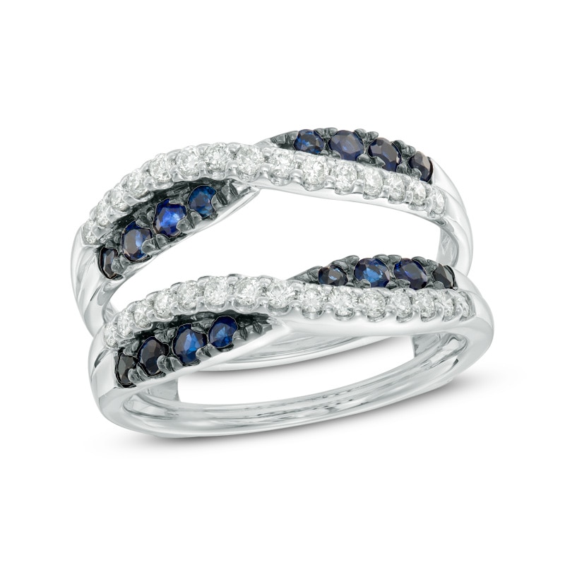 Main Image 1 of Blue Sapphire and 3/8 CT. T.W. Diamond Crossover Solitaire Enhancer in 14K White Gold