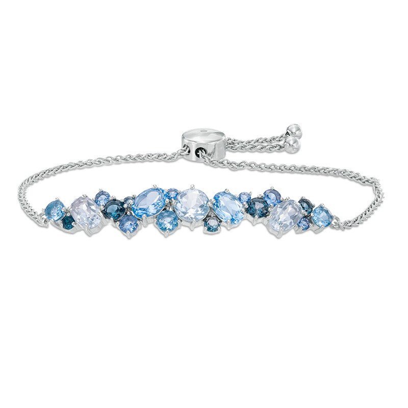 Main Image 1 of Blue Topaz, Lab-Created Blue Spinel and White Sapphire Cluster Bolo Bracelet in Sterling Silver - 9.0"