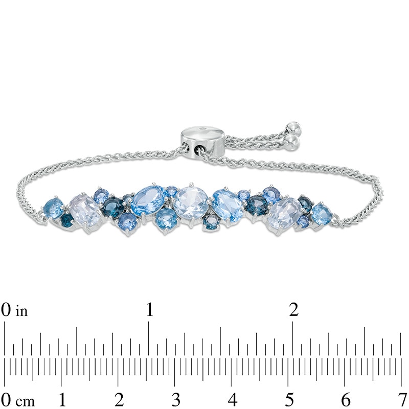 Main Image 2 of Blue Topaz, Lab-Created Blue Spinel and White Sapphire Cluster Bolo Bracelet in Sterling Silver - 9.0"